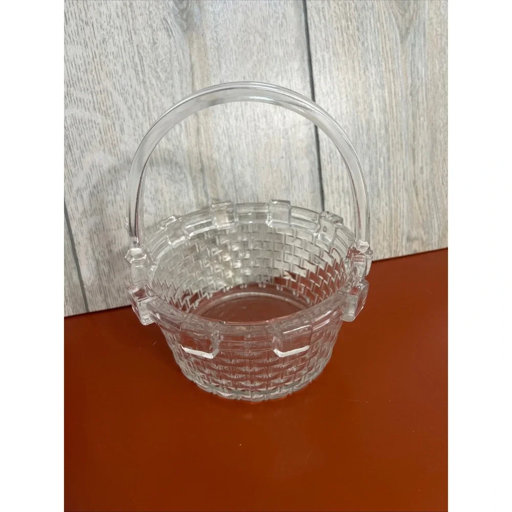 Vintage Clear Pressed Glass Basketweave Candy Dish with Handle Decorative Bowl